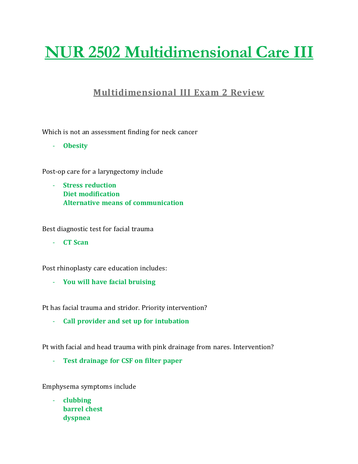Preview of NUR 2502 / NUR2502 Exam 2 Review Updated: Multidimensional Care III / MDC 3 - Rasmussen